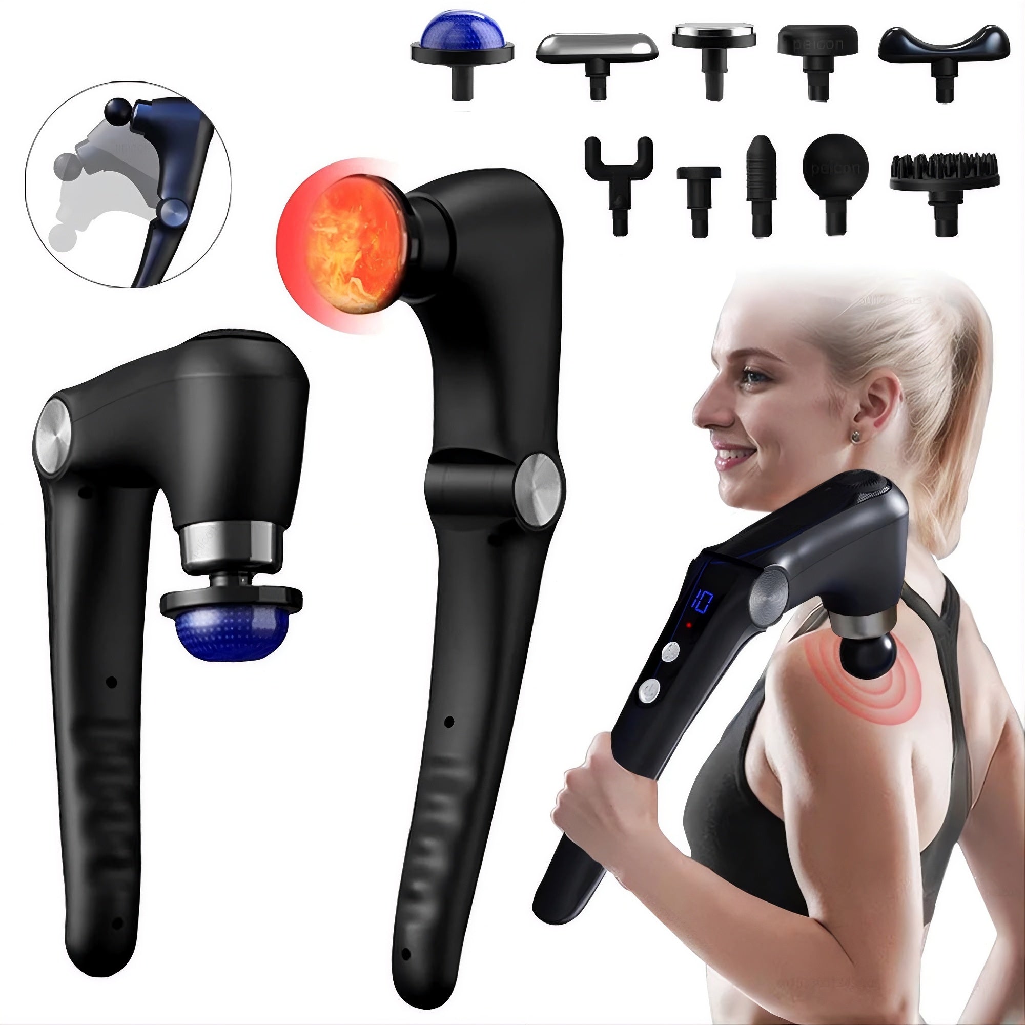 Fascia Massage Gun with Extension Handle – 10 Heads, 9 Speed Levels