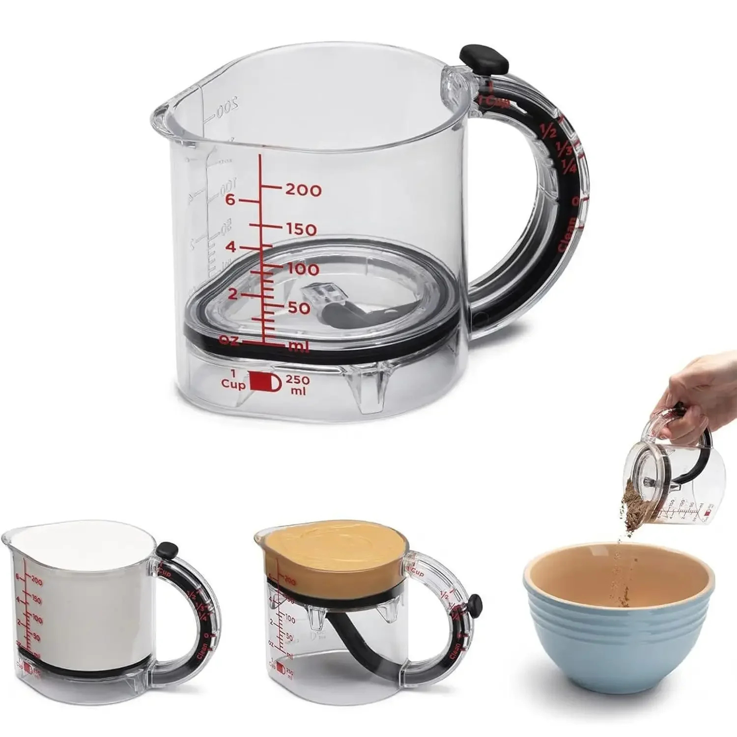 4-in-1 Adjustable Measuring Cup – with red precise scale, 200ml