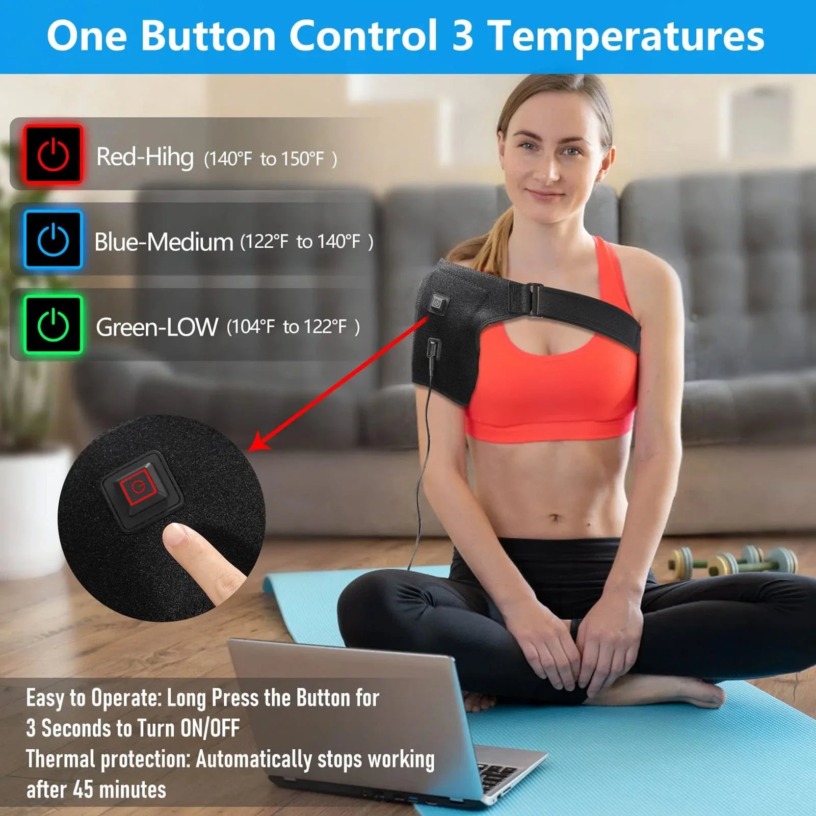 USB Heated Shoulder Brace – Infrared Rotator Cuff Heating Pad with 3 Heat Settings