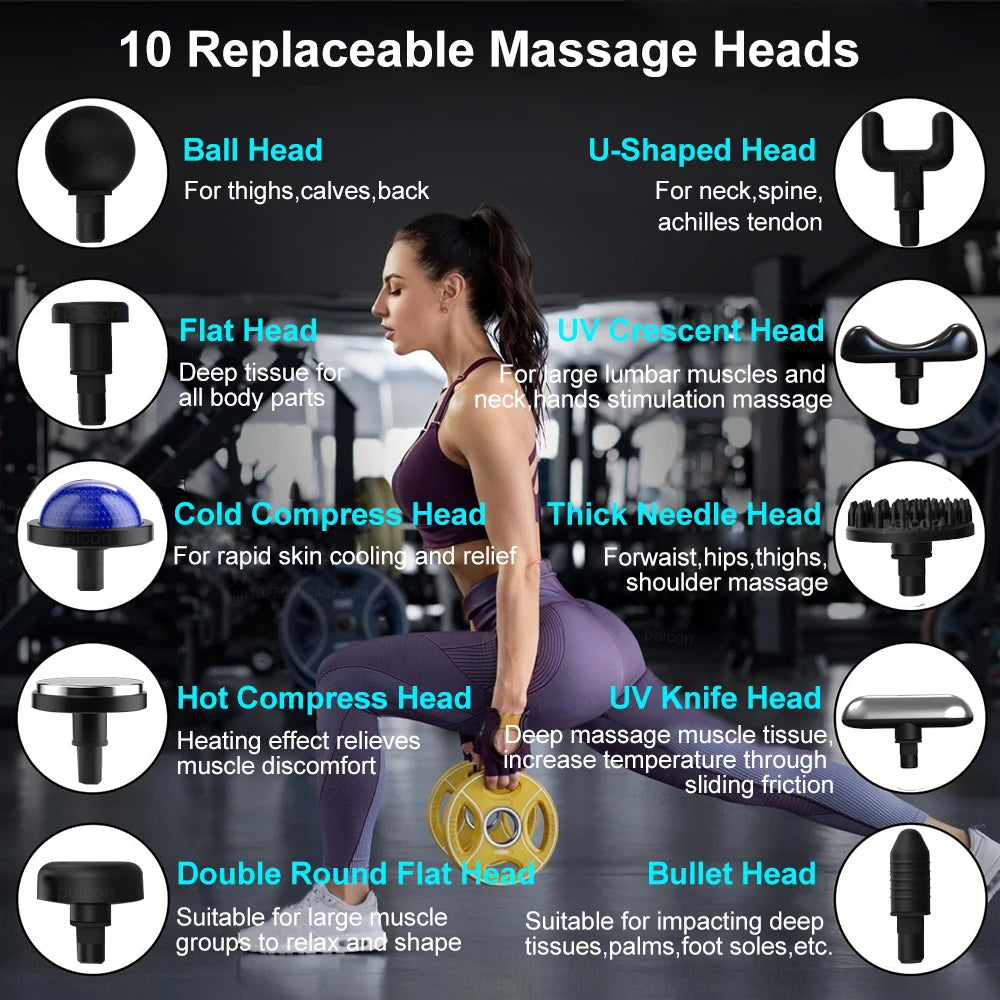 Fascia Massage Gun with Extension Handle – 10 Heads, 9 Speed Levels